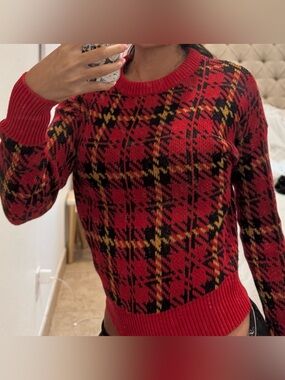 Urban Outfitters Red Plaid Crewneck Sweater with Black & Yellow Accents